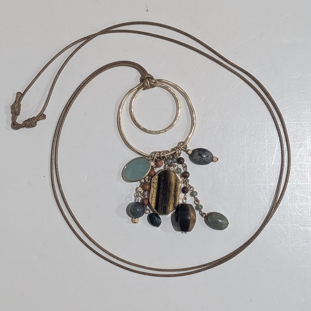 Boho Adjustable Cord Necklace with Circle Pendant and Beaded Dangles